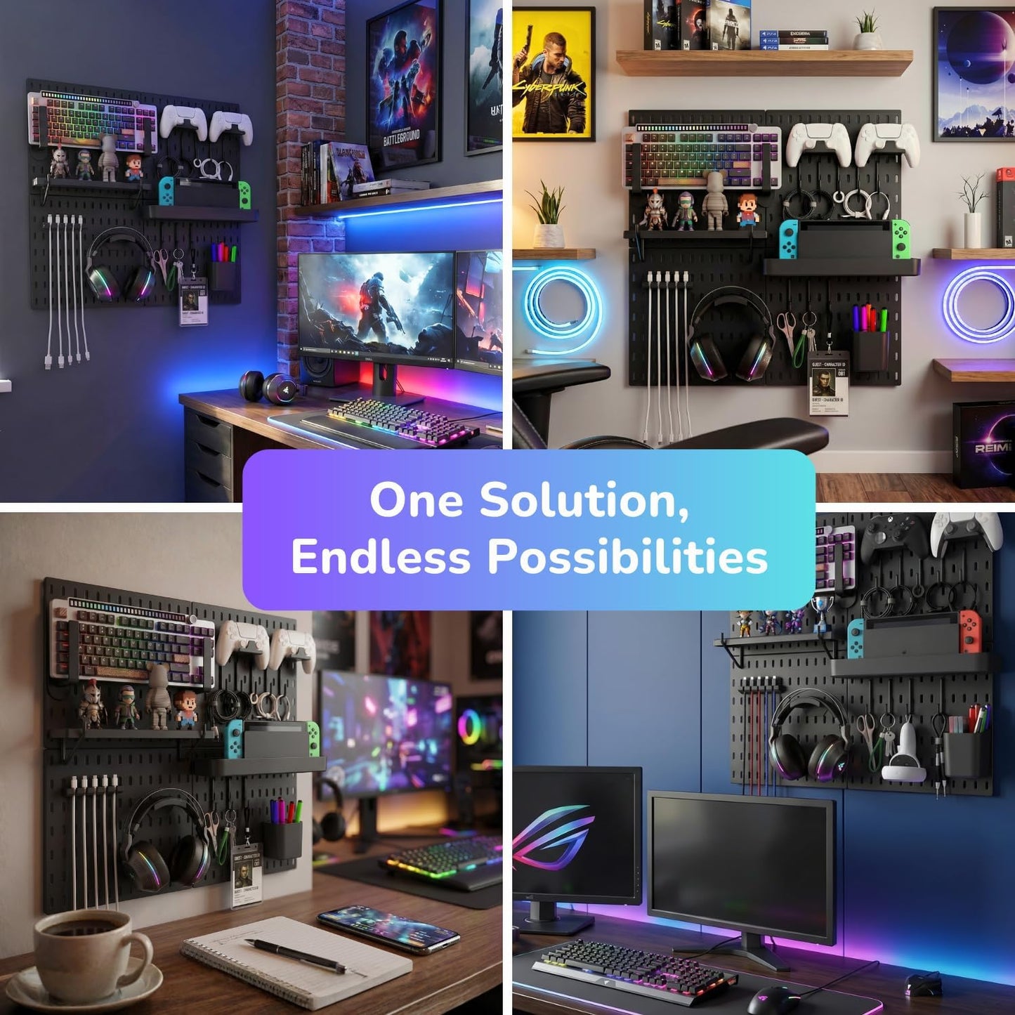 Peg Board Wall Organizer for Gaming Setup, Pegboard with Adhesives & Screw Mounts, Includes Peg Board Accessories for Gaming Accessories, Tech Storage & Office Organization (Black, 22″×22″)