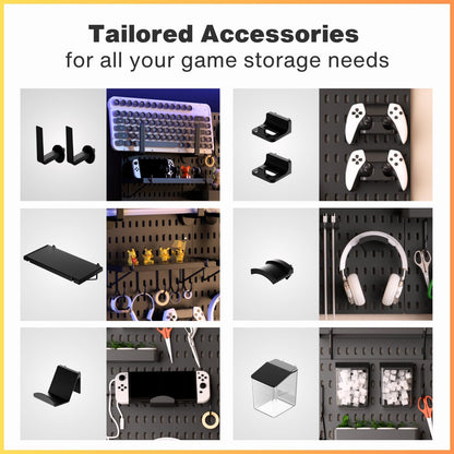 Peg Board Wall Organizer for Gaming Setup, Pegboard with Adhesives & Screw Mounts, Includes Peg Board Accessories for Gaming Accessories, Tech Storage & Office Organization (Black, 33″×22″)