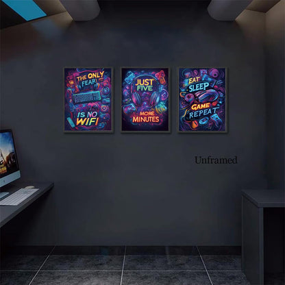 Neon Gaming Posters Video Game Wall Art Prints Set of 3 Game Room Decor Gaming Sign Painting Playroom Cool Pictures Gamer Wall Decor for Boy Teen Men Bedroom Bathroom 12X16In Unframed