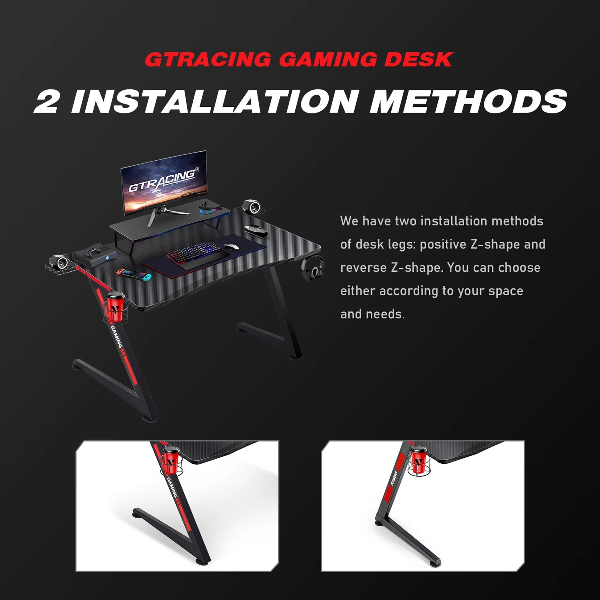 Ergonomic Curved 3-Sided LED Z-Leg Gaming Desk, Black