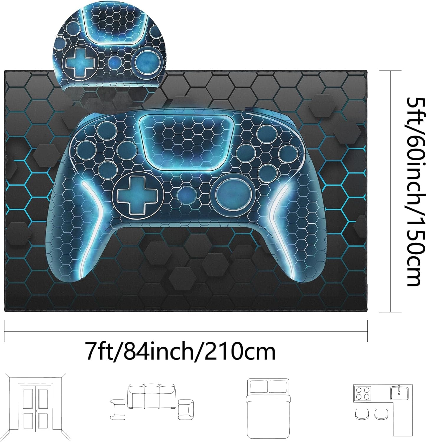 Gamer Rug, 5X7 Ft, Blue, Non-Slip | for Bedroom Living Room, Game Space Decor