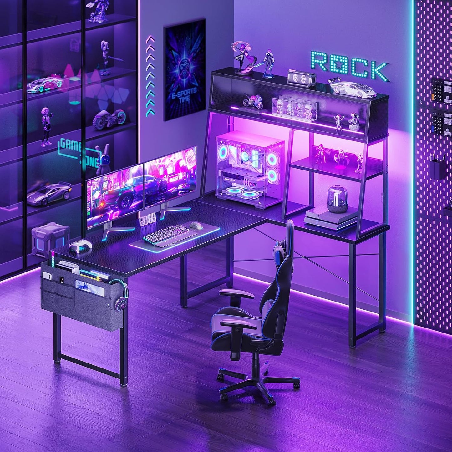 L Shaped Gaming Desk with Led Lights, 51 Inch Reversible Gaming Computer Desk with Display Shelves, PC Gamer Desk Gamer Table with Storage Bag, L Desk for Game, Black