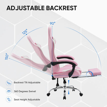 Computer Chair with Footrest and Lumbar Support, Home Offfice Chair, Pink and White
