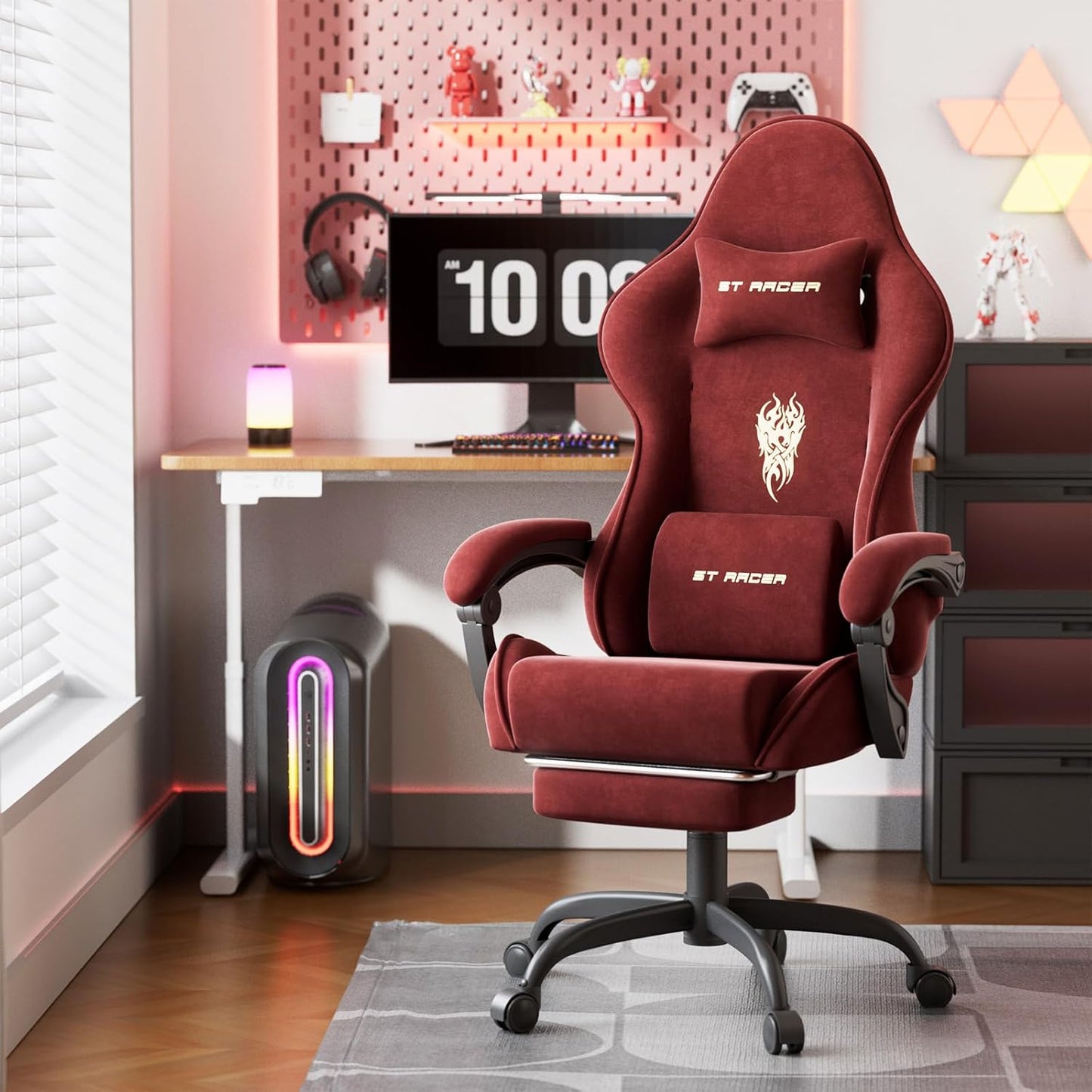 Velvet Fabric Gaming Chair with Footrest for Adults, Ergonomic Gaming Chairs with Massage Lumbar, Reclining Racing Computer Chair with Spring Cushion for Home Office Video Game, Red