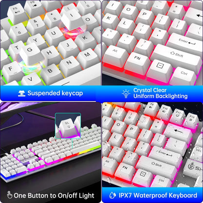 Gaming Keyboard & Mouse, 104 Keys LED RGB Backlit Quiet Computer Keyboard, Multimedia Keys, 26 Anti-Ghosting Keys, Waterproof Light up USB Wired Keyboard for PC Gamers Desktop Computer Laptop,White
