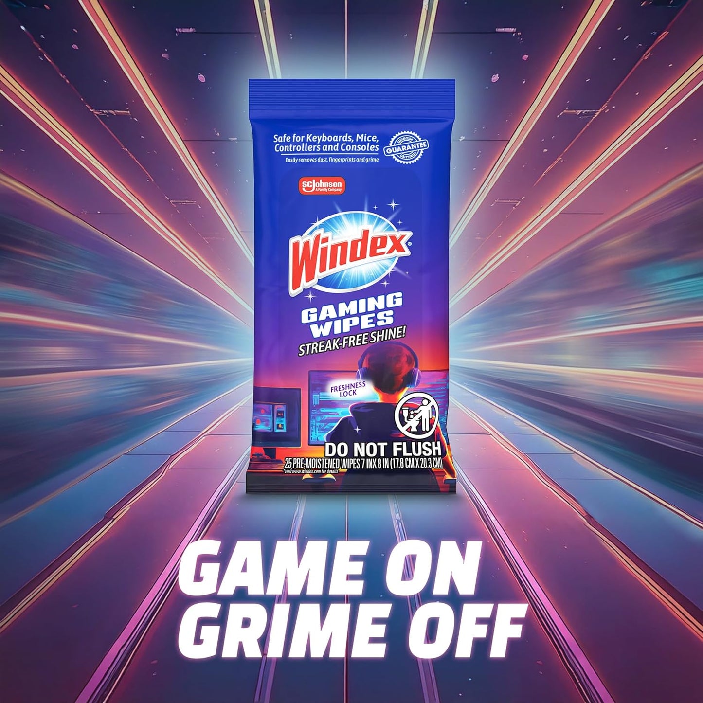 Windex Gaming Cleaning Wipes, Pre-Moistened Wipes to Instantly Clean All Gaming Gear and Electronics, Resealable Packaging for a Freshness Lock, 25 Count (Pack of 1)