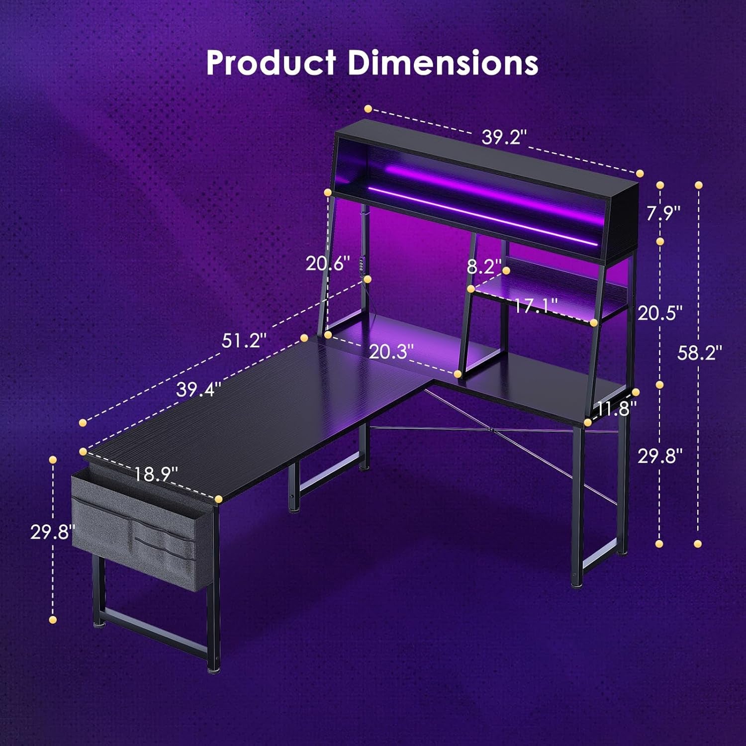 L Shaped Gaming Desk with Led Lights, 51 Inch Reversible Gaming Computer Desk with Display Shelves, PC Gamer Desk Gamer Table with Storage Bag, L Desk for Game, Black