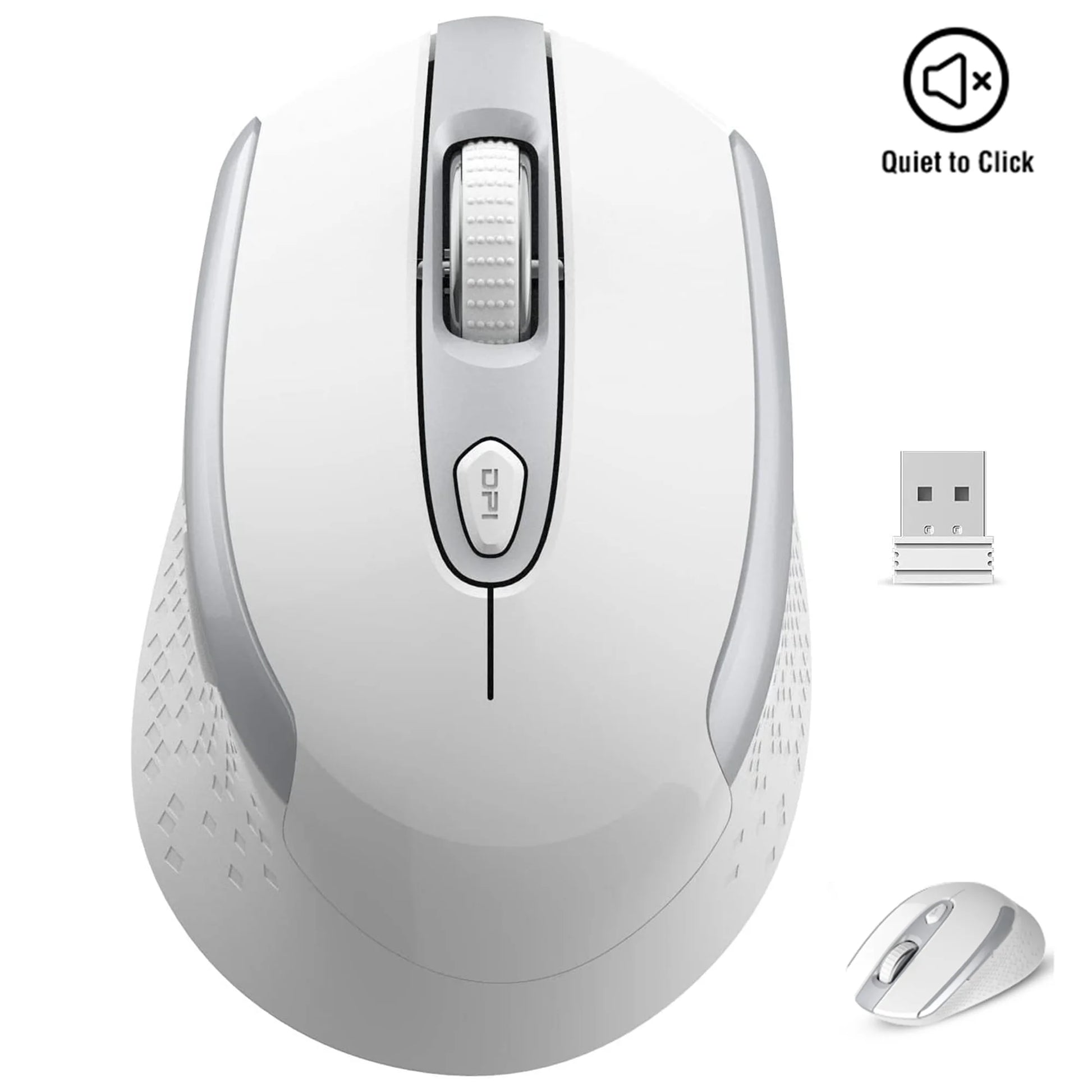 Wireless Computer Mouse, 2.4G Silent Cordless Mouse for Laptop, Mouse with 6 Buttons and 3 Adjustable DPI for Laptop, Deskbtop, Macbook , PC (White)