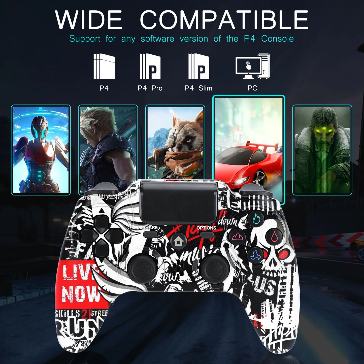 Wireless Controller Compatible with P4/P4 Slim/P4 Pro/Windows PC, Skull