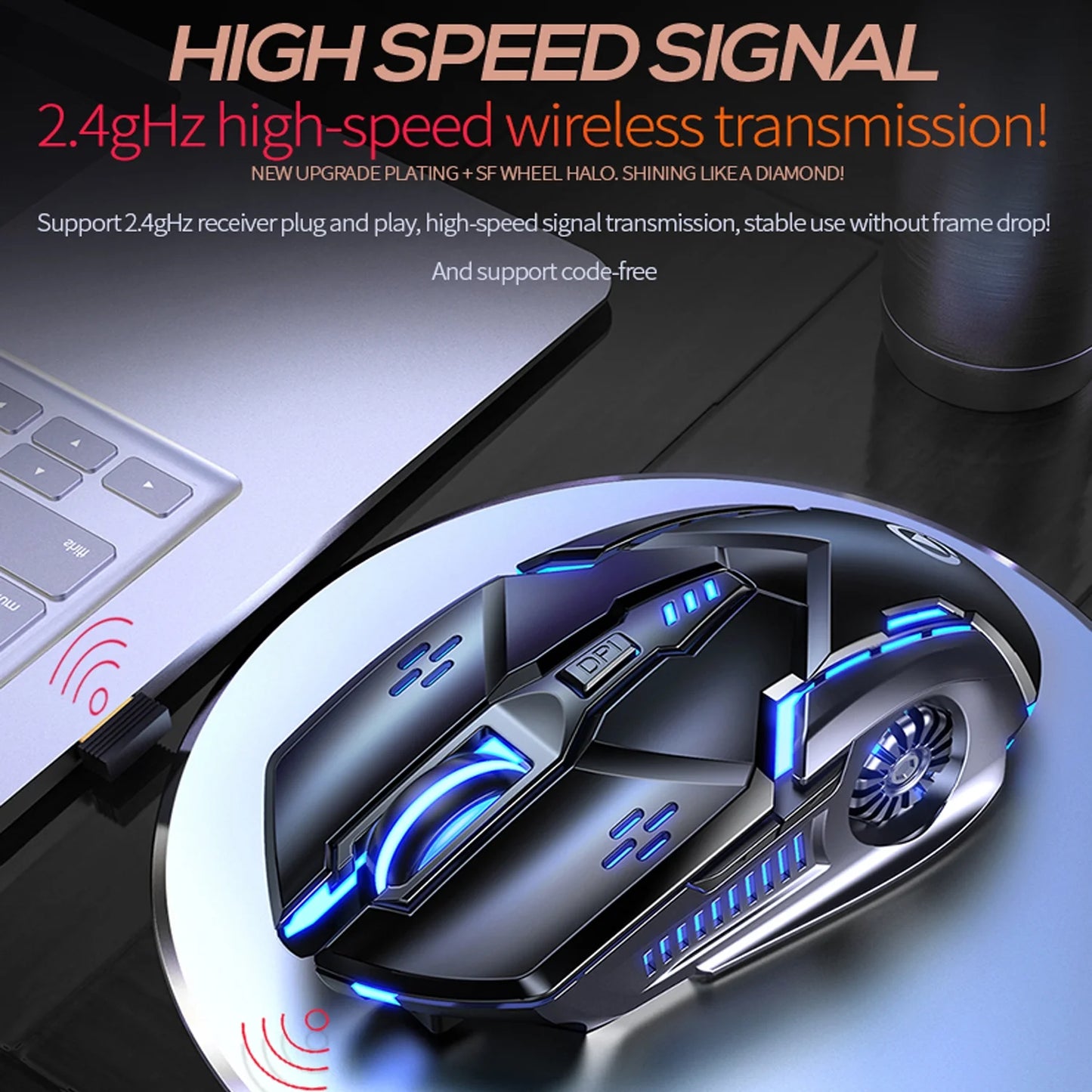 Wireless Gaming Mouse, Rechargeable Wireless Computer Mouse,7-Color LED Light,Ergonomic Mouse with 6 Silent Click Buttons,4 Adjustable 3200 DPI Wireless Mouse for Laptop,Pc,Mac,Black
