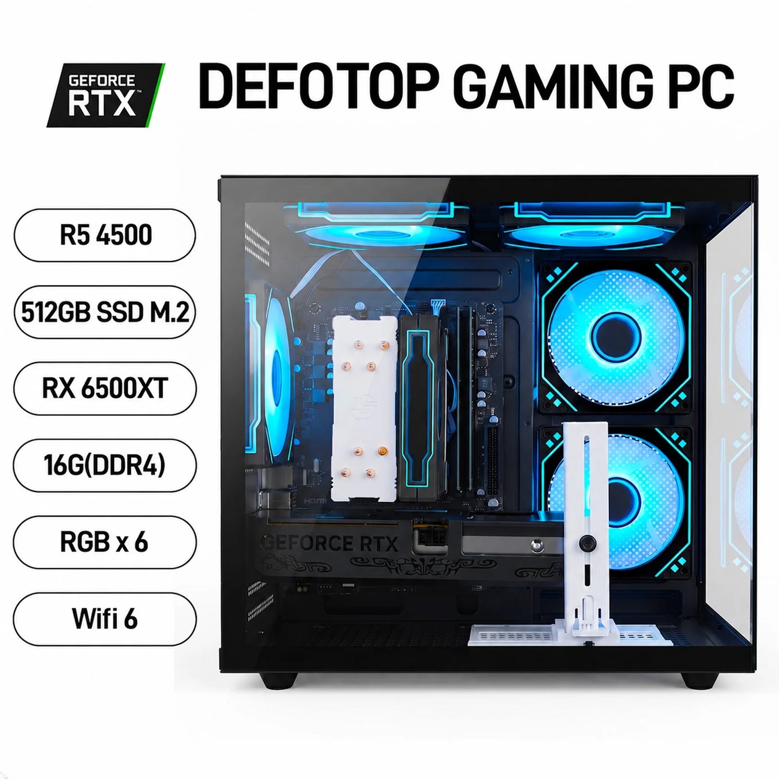 Gaming PC, Ryzen 5 4500, RX 6500 XT 4GB, 16GB DDR4, 512GB SSD, A520 Motherboard, Wifi 6