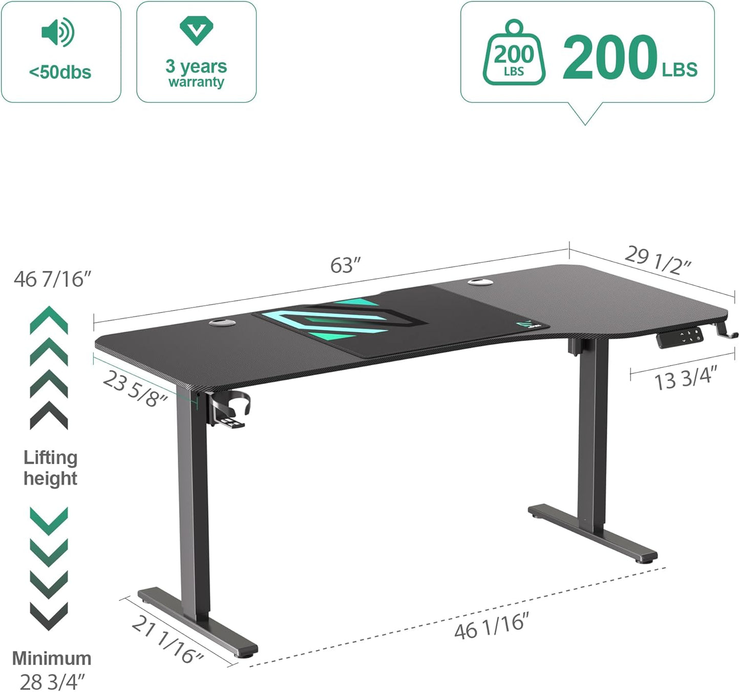 Dual Motor L Shaped Standing Desk 63”, Electric Height Adjustable Gaming Desk with Memory Presets, Child Lock, Sit Stand Reminder, Carbon Fiber Desktop, Cable Management, Cup Holder