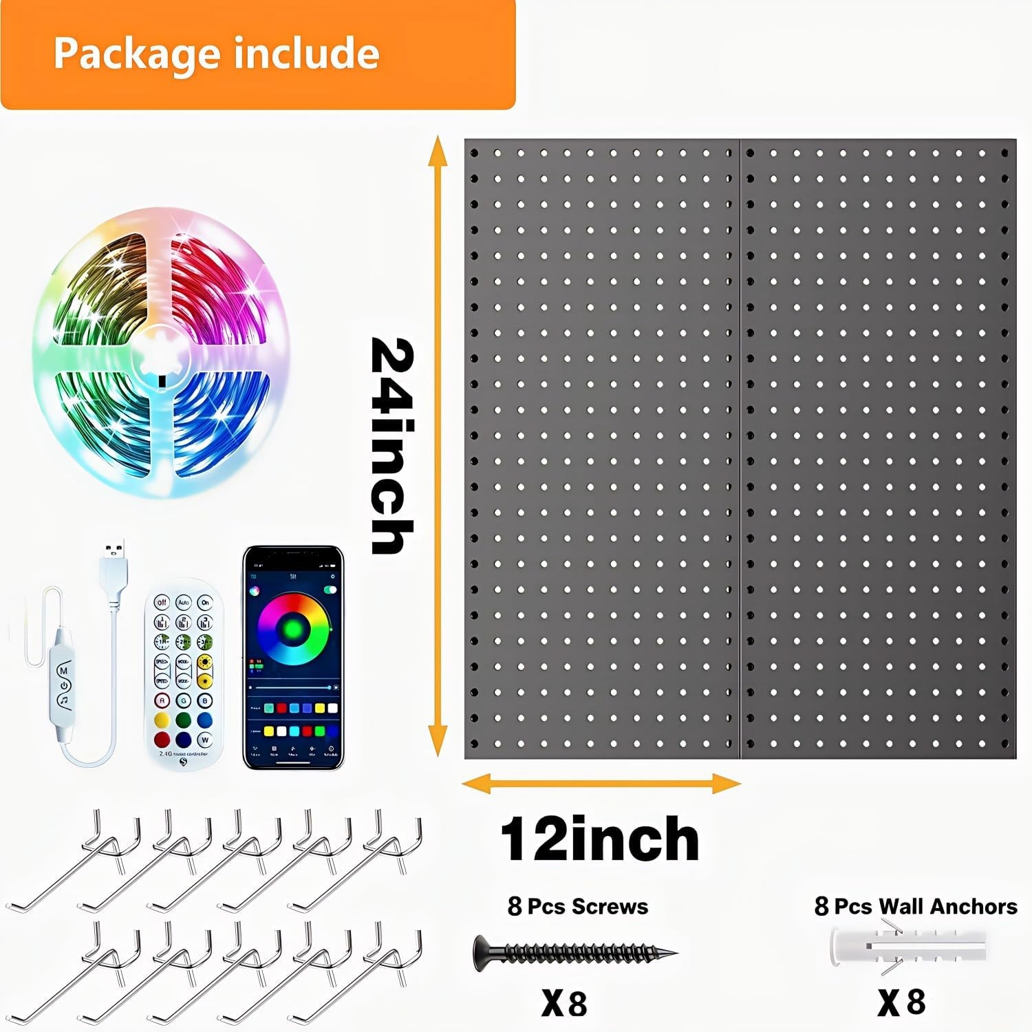 RGB Gaming Wall Organizer Peg Board with RGB LED Strip Lights, 2PCS Metal Gamer Wall Decor Peg Board with Hooks, DIY Gaming Setup Organizer Pegboard Gaming Wall Accessories 12 * 24”