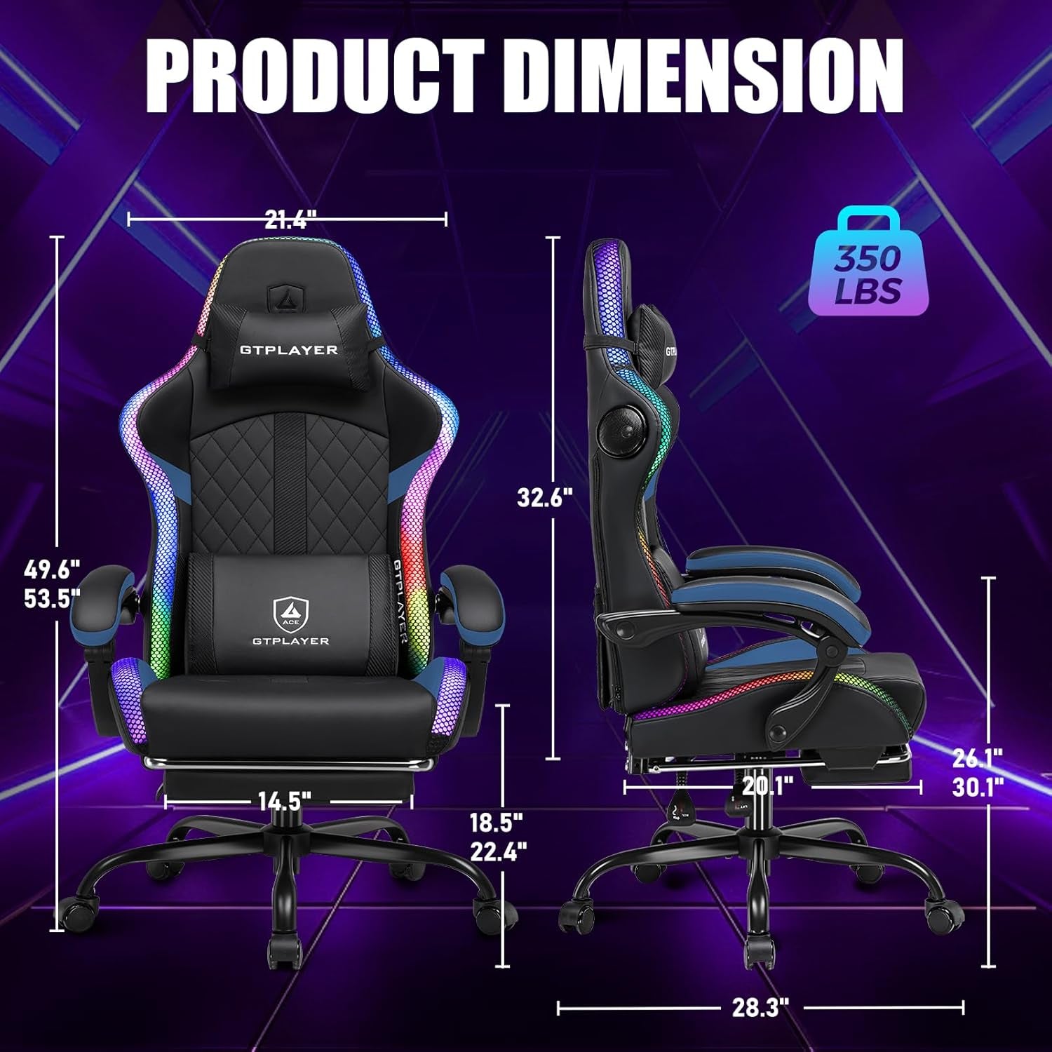 RGB Gaming Chair with Speakers - LED Computer Game Chair for Adults, PC Home Office Chairs with Footrest & Lights, Reclining Desk Chairs, Blue