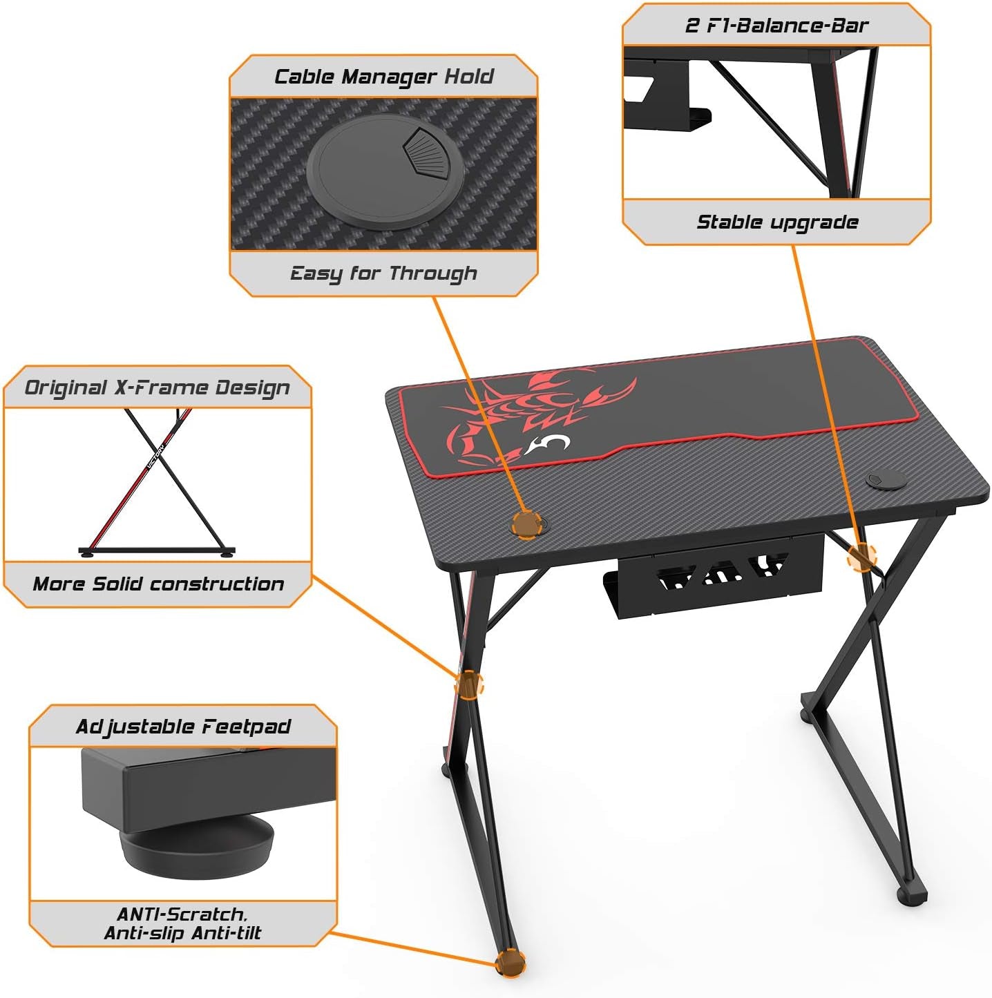 Gaming Desk 31 Inch Gaming Table for Small Spaces X Shaped Gamer Workstation with Handle Rack Cup Holder Headphone Hook,Black