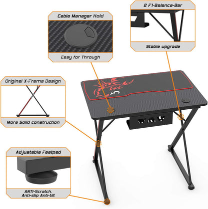 Gaming Desk 31 Inch Gaming Table for Small Spaces X Shaped Gamer Workstation with Handle Rack Cup Holder Headphone Hook,Black