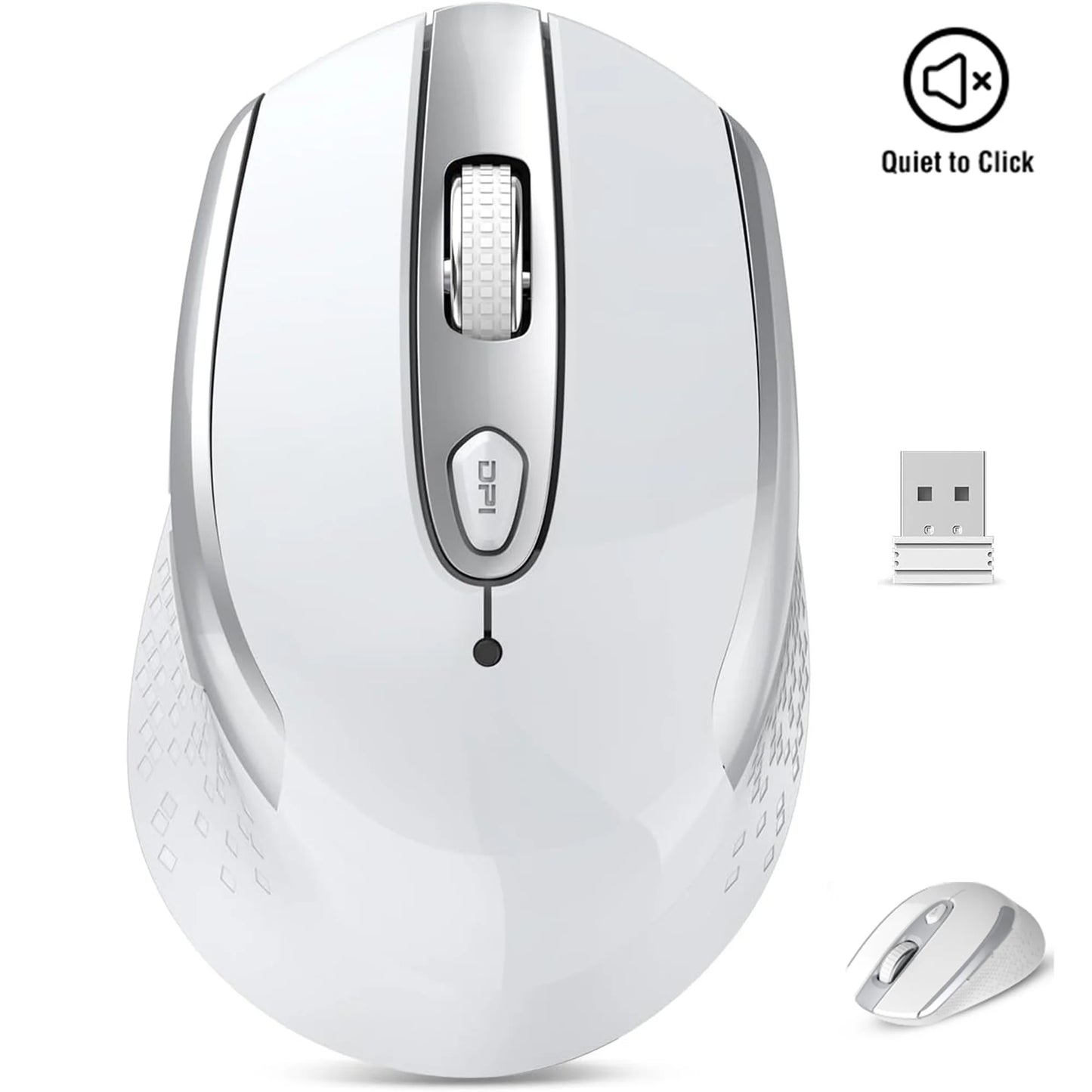 Wireless Computer Mouse, 2.4G Silent Cordless Mouse for Laptop, Mouse with 6 Buttons and 3 Adjustable DPI for Laptop, Deskbtop, Macbook , PC (White)