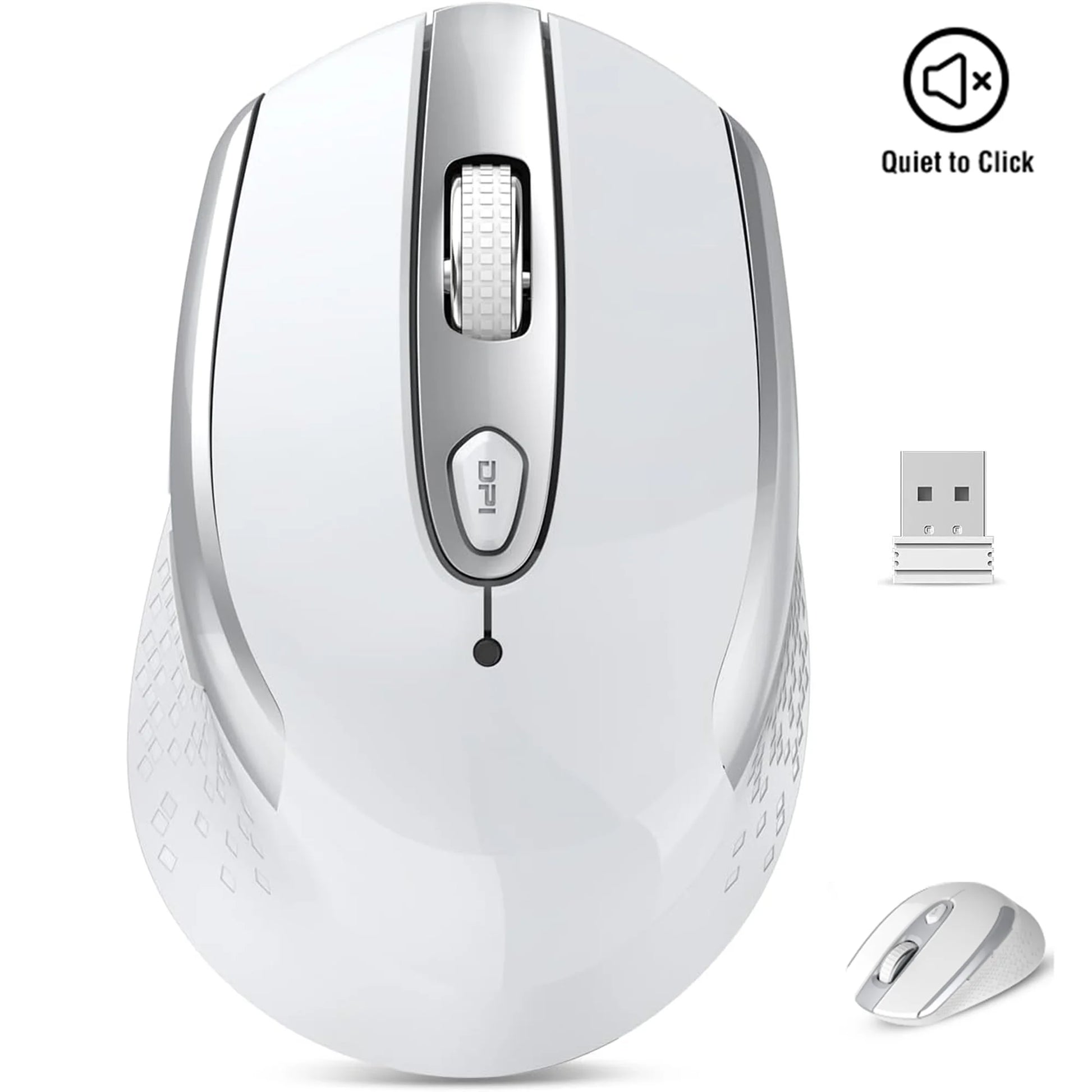 Wireless Computer Mouse, 2.4G Silent Cordless Mouse for Laptop, Mouse with 6 Buttons and 3 Adjustable DPI for Laptop, Deskbtop, Macbook , PC (White)