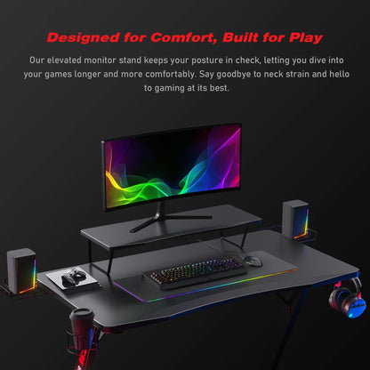 Ergonomic Curved 3-Sided LED Z-Leg Gaming Desk, Black