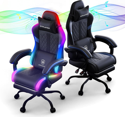 RGB Gaming Chair with Speakers - LED Computer Game Chair for Adults, PC Home Office Chairs with Footrest & Lights, Reclining Desk Chairs, Blue