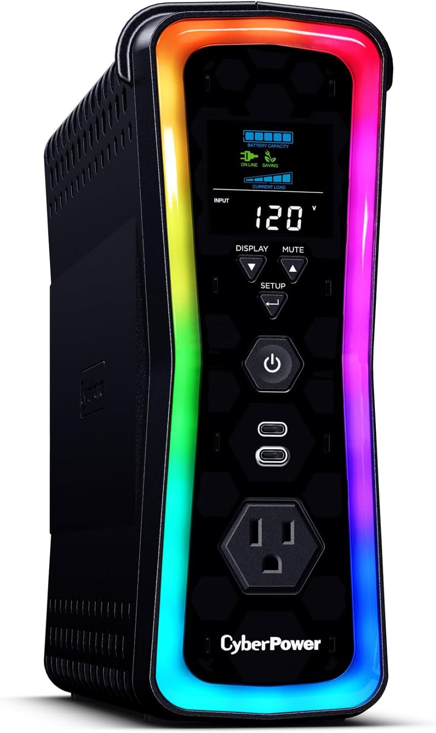 Cyberpower GX150C2 Gaming UPS Battery Backup and Surge Protector, 1500VA/1000W, RGB Lighting, 13 Outlets, USB‑C Charging, UL Certified