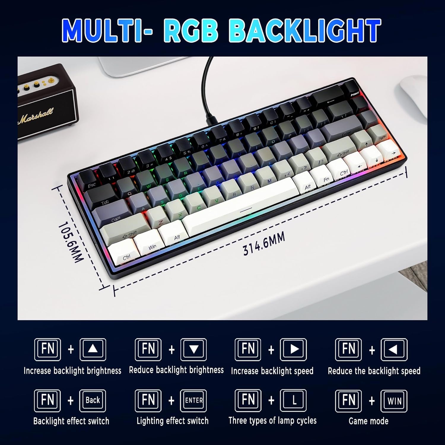 65% Gaming Keyboard, LED Backlit Mini Wired Keyboard, Ultra-Compact Anti-Ghosting No-Conflict 68 Keys Membrane Gaming Wired Keyboard for PC Laptop Windows Gamer(Gray-White)