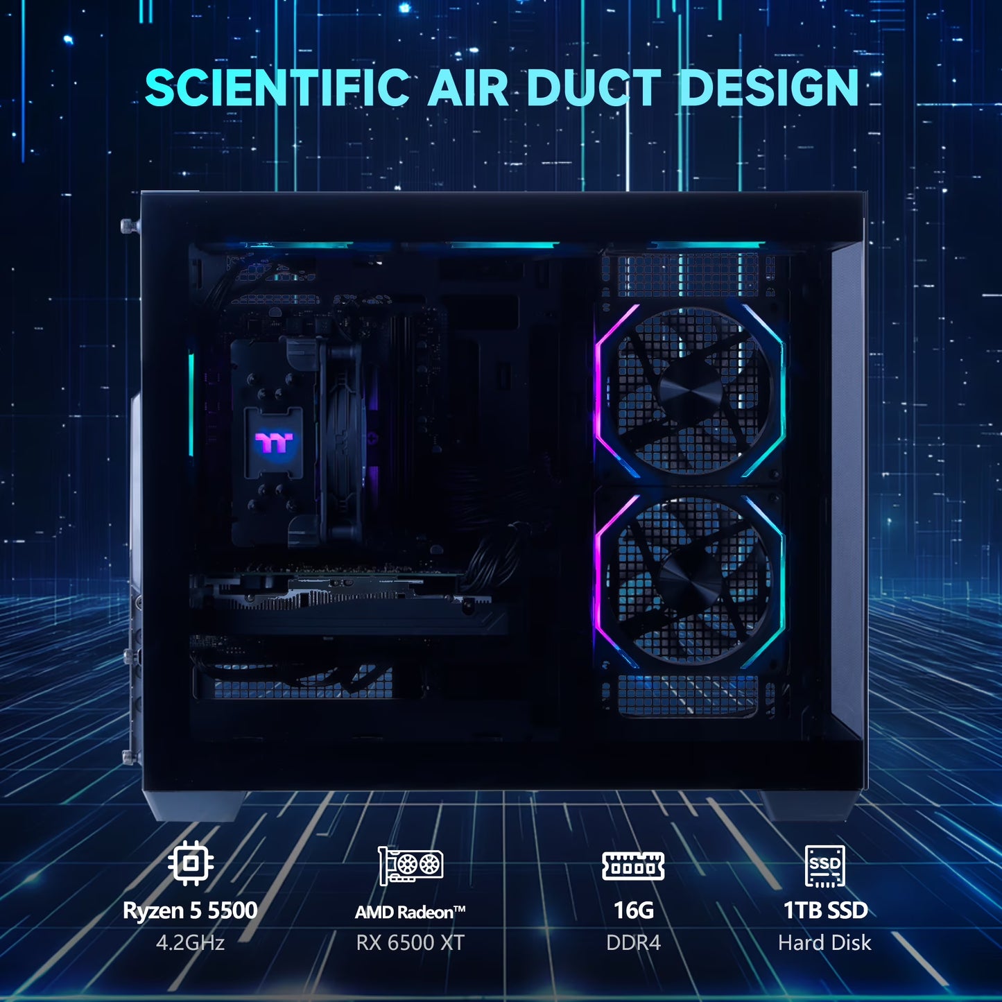 Gaming PC Desktops AMD Ryzen5 5500, Radeon RX 6500XT 4GB, 1TB SSD, 16GB RAM, 650W, Win11, Wifi, PC Gaming