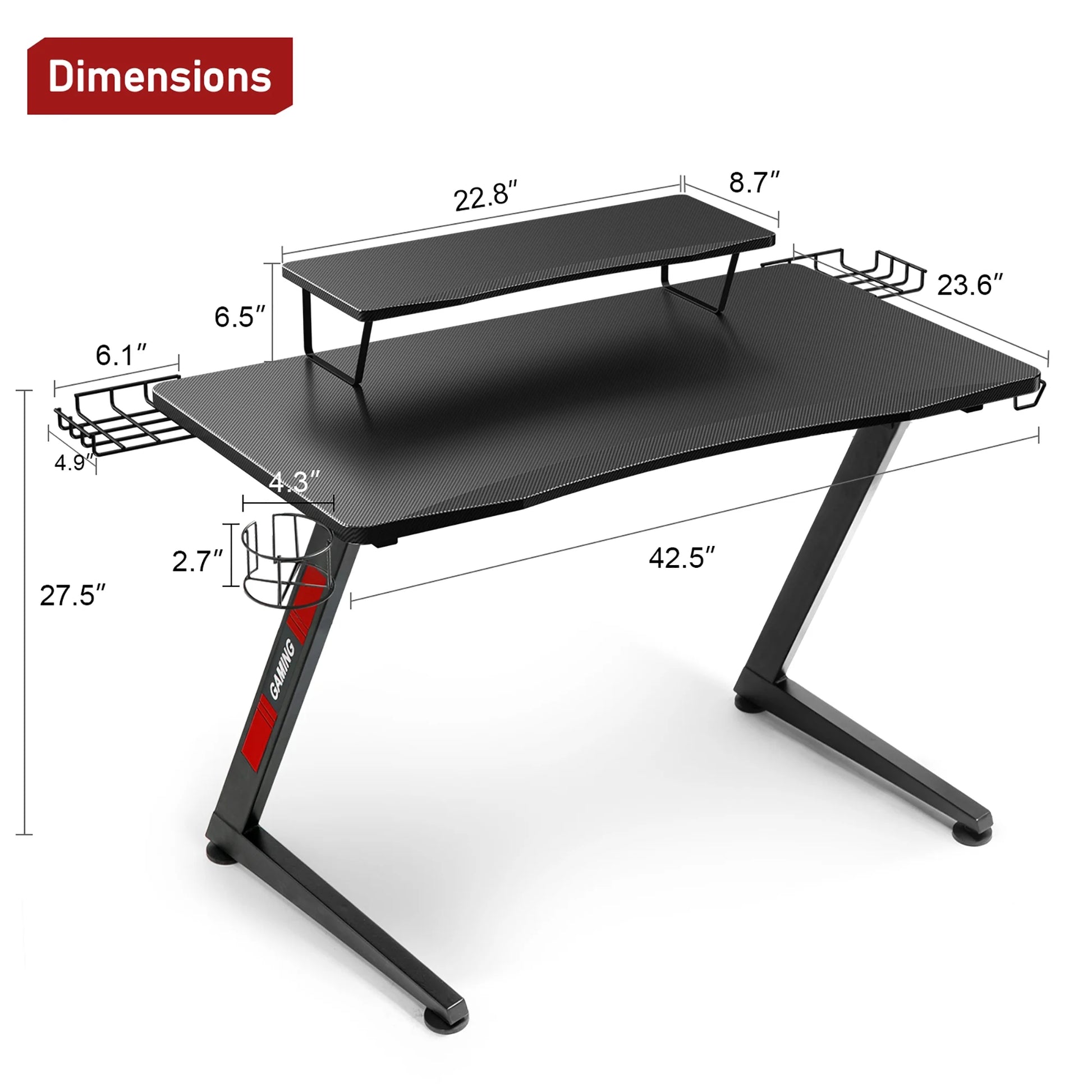 Ergonomic Curved 3-Sided LED Z-Leg Gaming Desk, Black