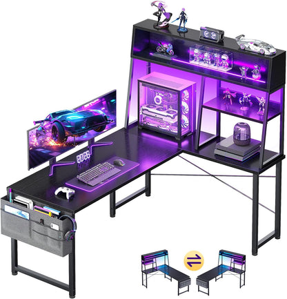 L Shaped Gaming Desk with Led Lights, 51 Inch Reversible Gaming Computer Desk with Display Shelves, PC Gamer Desk Gamer Table with Storage Bag, L Desk for Game, Black