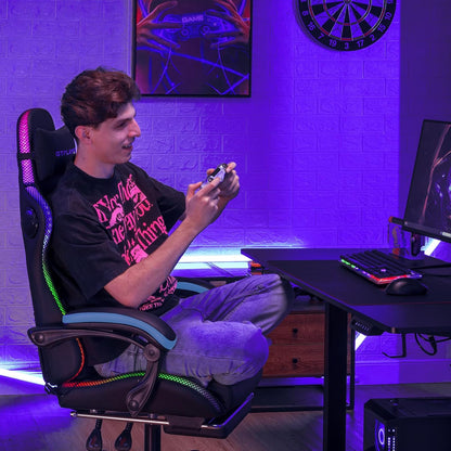 RGB Gaming Chair with Speakers - LED Computer Game Chair for Adults, PC Home Office Chairs with Footrest & Lights, Reclining Desk Chairs, Blue
