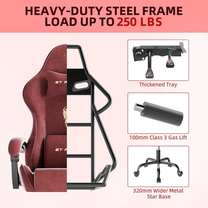 Velvet Fabric Gaming Chair with Footrest for Adults, Ergonomic Gaming Chairs with Massage Lumbar, Reclining Racing Computer Chair with Spring Cushion for Home Office Video Game, Red