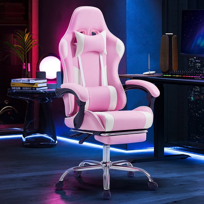 Computer Chair with Footrest and Lumbar Support, Home Offfice Chair, Pink and White