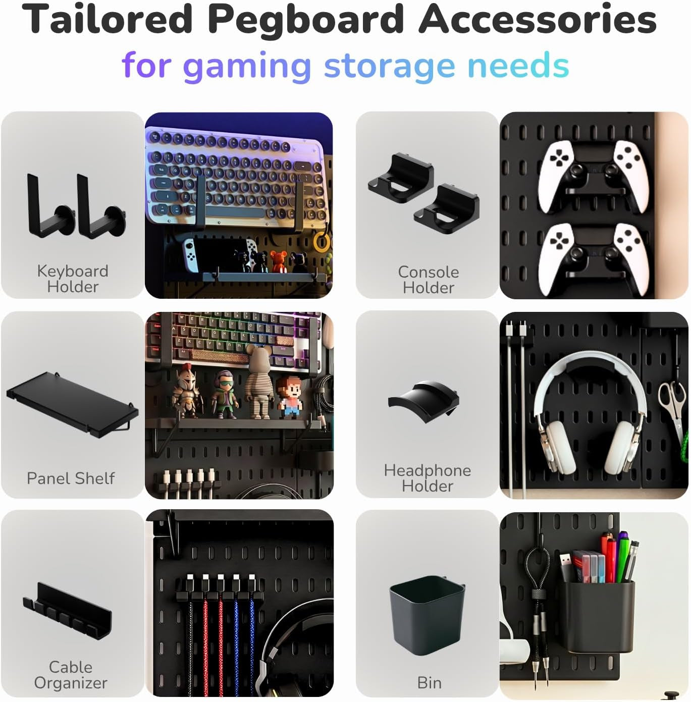 Peg Board Wall Organizer for Gaming Setup, Pegboard with Adhesives & Screw Mounts, Includes Peg Board Accessories for Gaming Accessories, Tech Storage & Office Organization (Black, 22″×22″)
