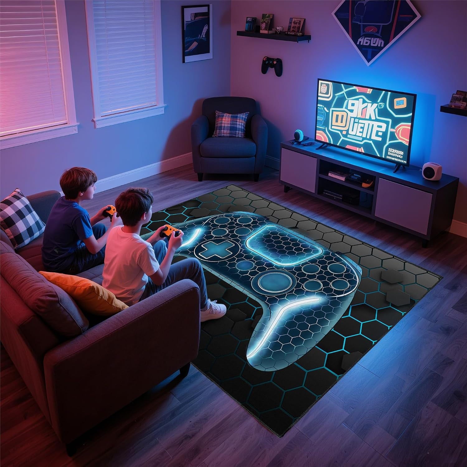 Gamer Rug, 5X7 Ft, Blue, Non-Slip | for Bedroom Living Room, Game Space Decor