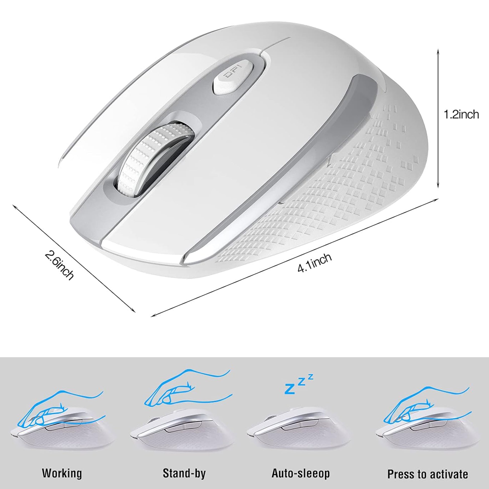 Wireless Computer Mouse, 2.4G Silent Cordless Mouse for Laptop, Mouse with 6 Buttons and 3 Adjustable DPI for Laptop, Deskbtop, Macbook , PC (White)