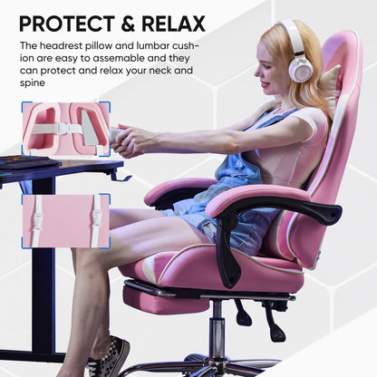 Computer Chair with Footrest and Lumbar Support, Home Offfice Chair, Pink and White