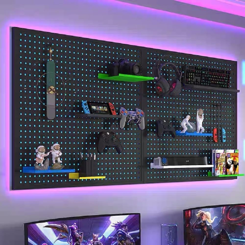 RGB Gaming Wall Organizer Peg Board with RGB LED Strip Lights, 2PCS Metal Gamer Wall Decor Peg Board with Hooks, DIY Gaming Setup Organizer Pegboard Gaming Wall Accessories 12 * 24”