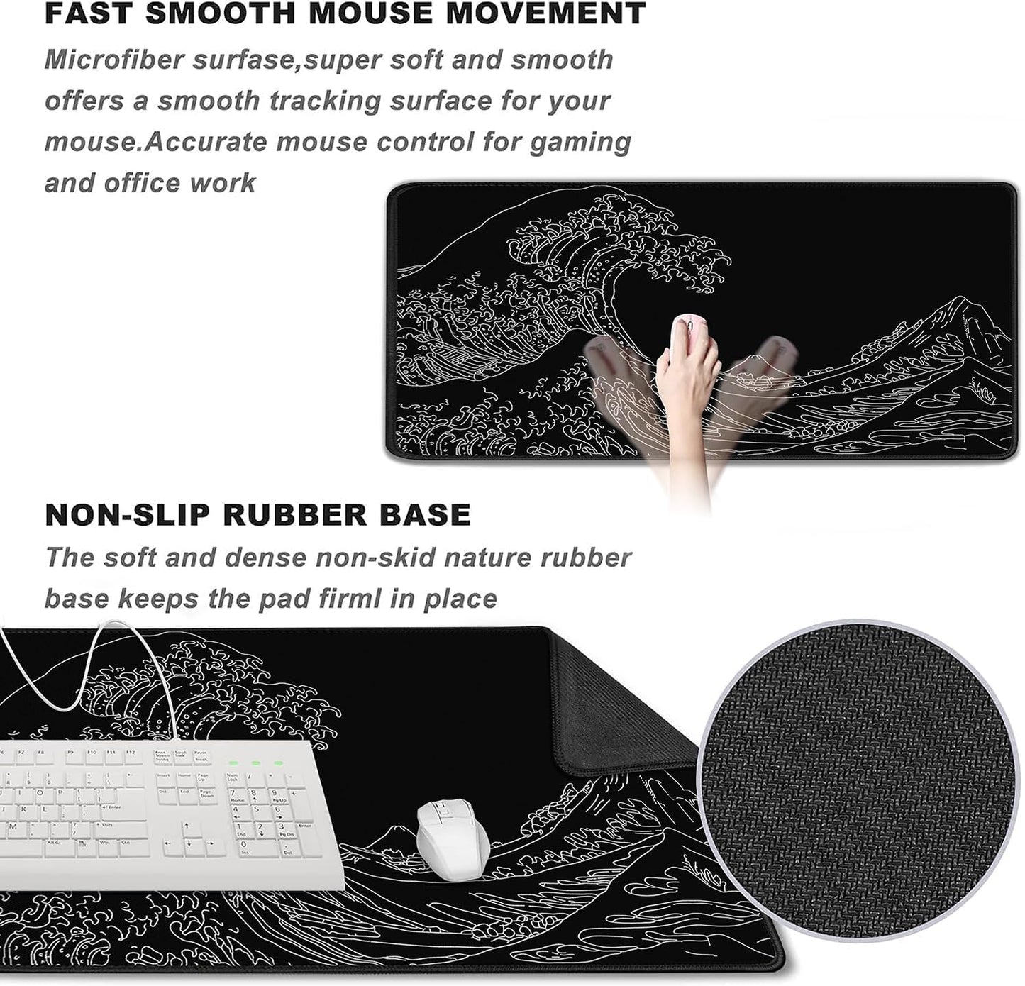 Large Gaming Mouse Pad, XXL Extended Computer Keyboard Mouse Mat with Stitched Edges, 31.5" X 15.7" Non-Slip Waterproof Rubber Base Long Mousepad for Work, Game, Office, Home, Waves Line