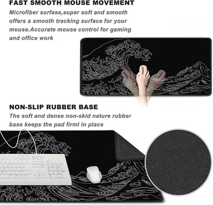 Large Gaming Mouse Pad, XXL Extended Computer Keyboard Mouse Mat with Stitched Edges, 31.5" X 15.7" Non-Slip Waterproof Rubber Base Long Mousepad for Work, Game, Office, Home, Waves Line