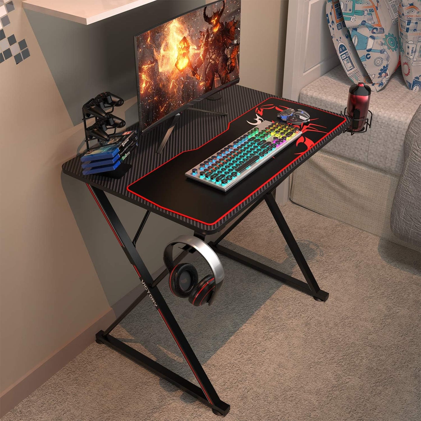 Gaming Desk 31 Inch Gaming Table for Small Spaces X Shaped Gamer Workstation with Handle Rack Cup Holder Headphone Hook,Black