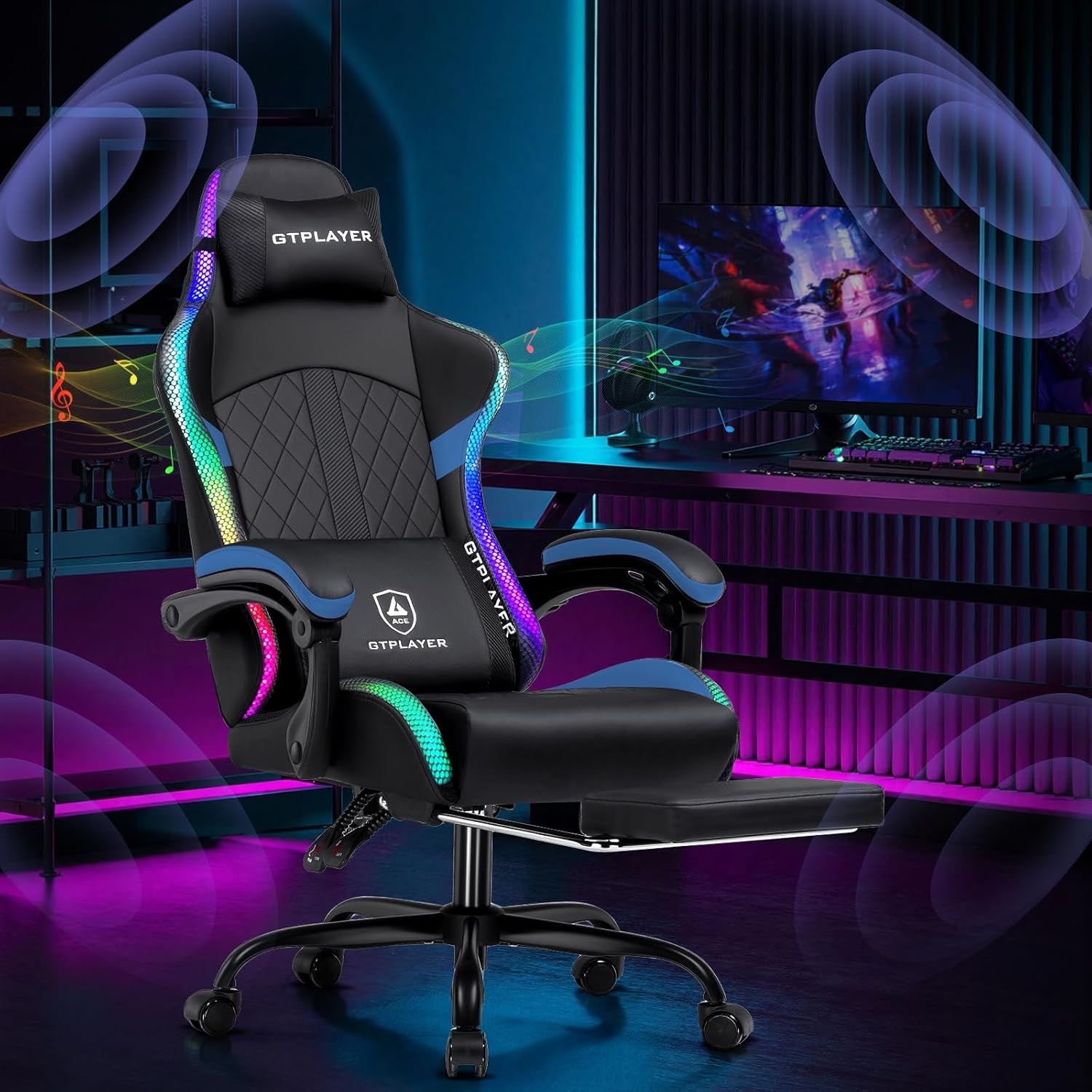RGB Gaming Chair with Speakers - LED Computer Game Chair for Adults, PC Home Office Chairs with Footrest & Lights, Reclining Desk Chairs, Blue