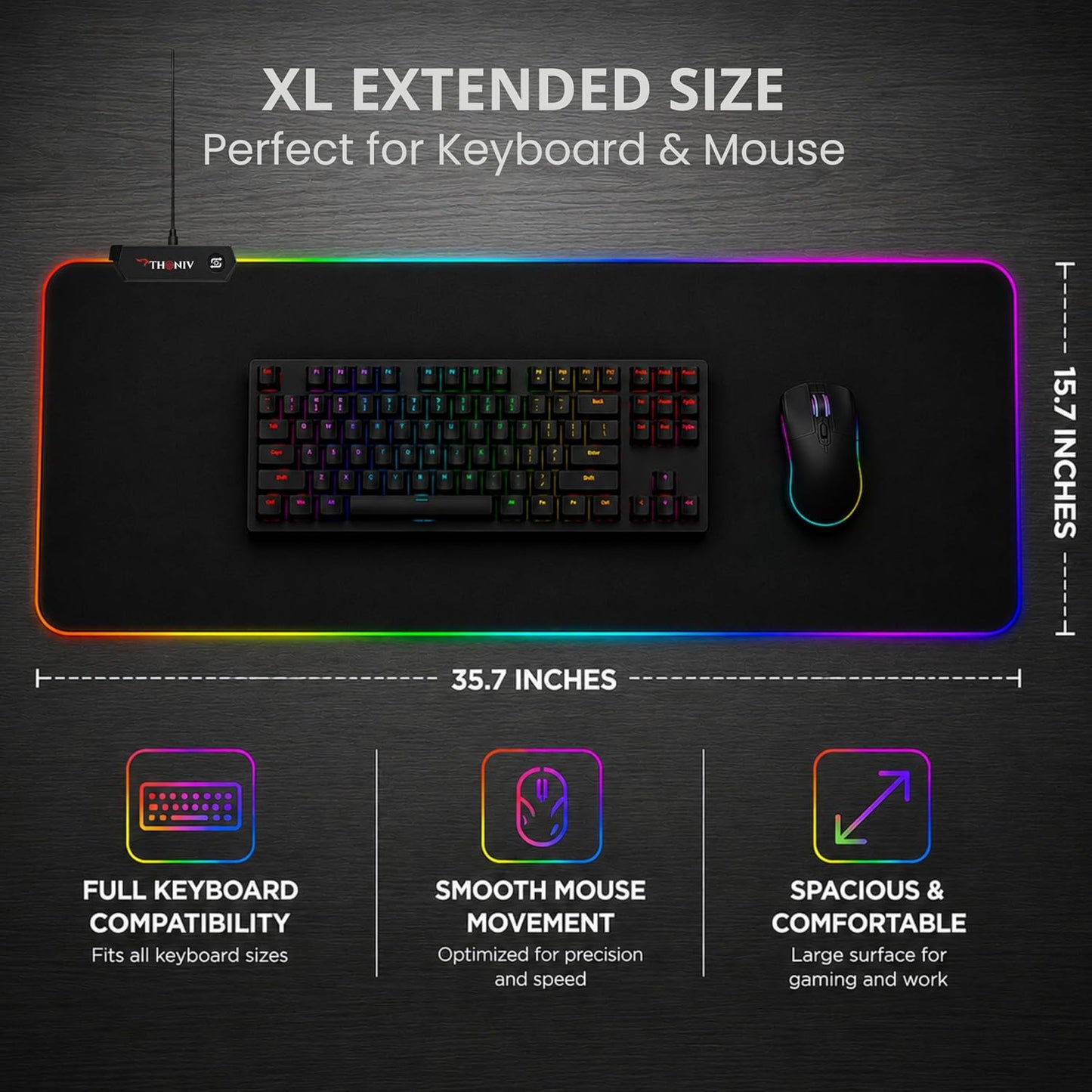 RGB Mouse Pad 35.4×15.7 Inches – Extended LED Mouse Pad with 14 Lighting Modes, Gaming Desk Mat, PC Gaming Accessories, Large Keyboard Pad with Non-Slip Rubber Base.
