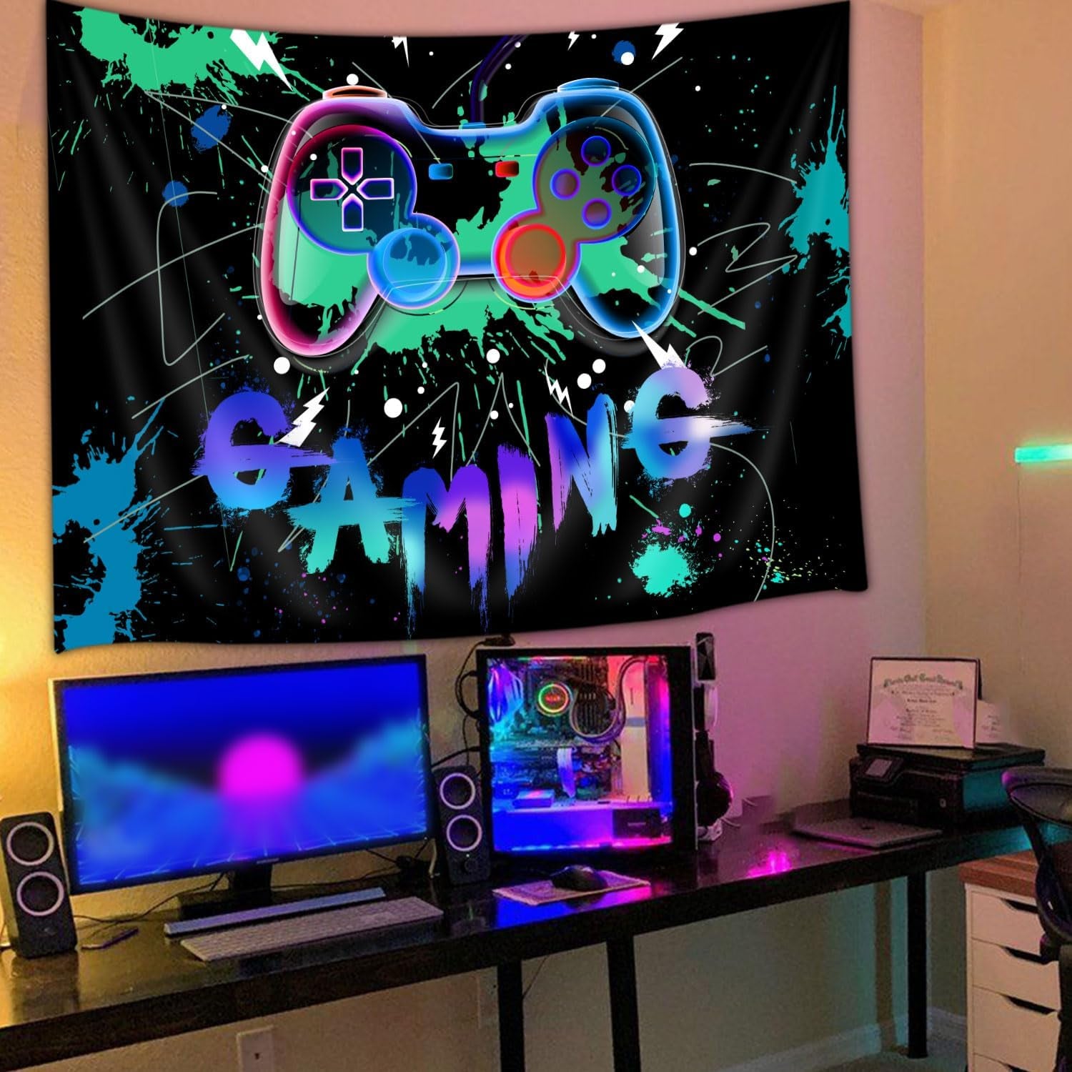 Gaming Tapestry for Boys Room, Boy Tapestry Game Wall Hanging for Gamer Wall Decor, Cool Funny Game Room Decor for Boys-Men Blue Tapestries, 60X40 Inch