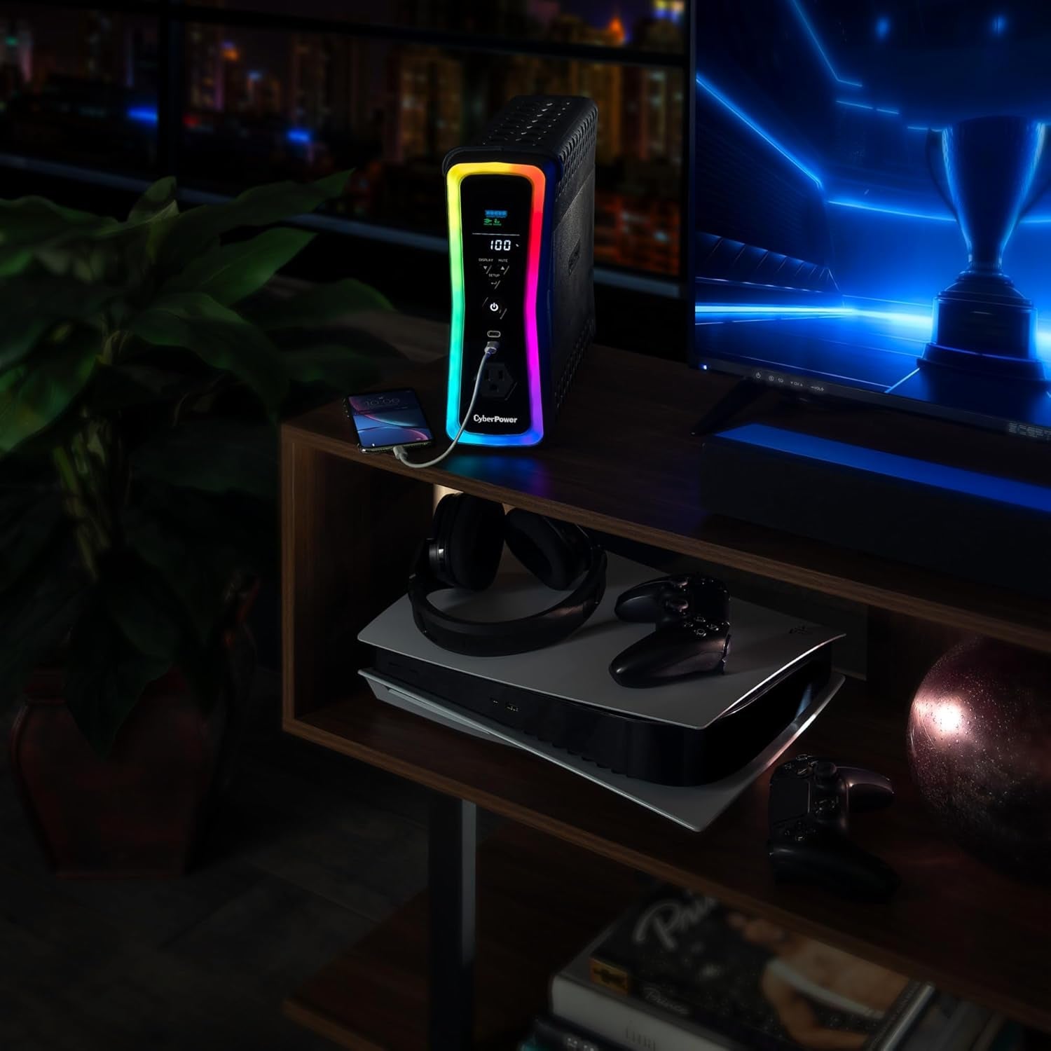 Cyberpower GX150C2 Gaming UPS Battery Backup and Surge Protector, 1500VA/1000W, RGB Lighting, 13 Outlets, USB‑C Charging, UL Certified