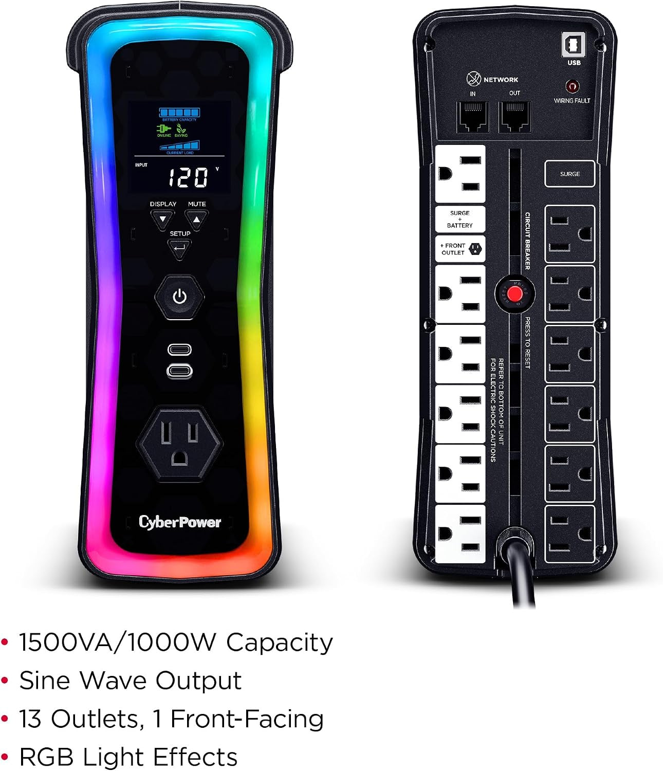 Cyberpower GX150C2 Gaming UPS Battery Backup and Surge Protector, 1500VA/1000W, RGB Lighting, 13 Outlets, USB‑C Charging, UL Certified