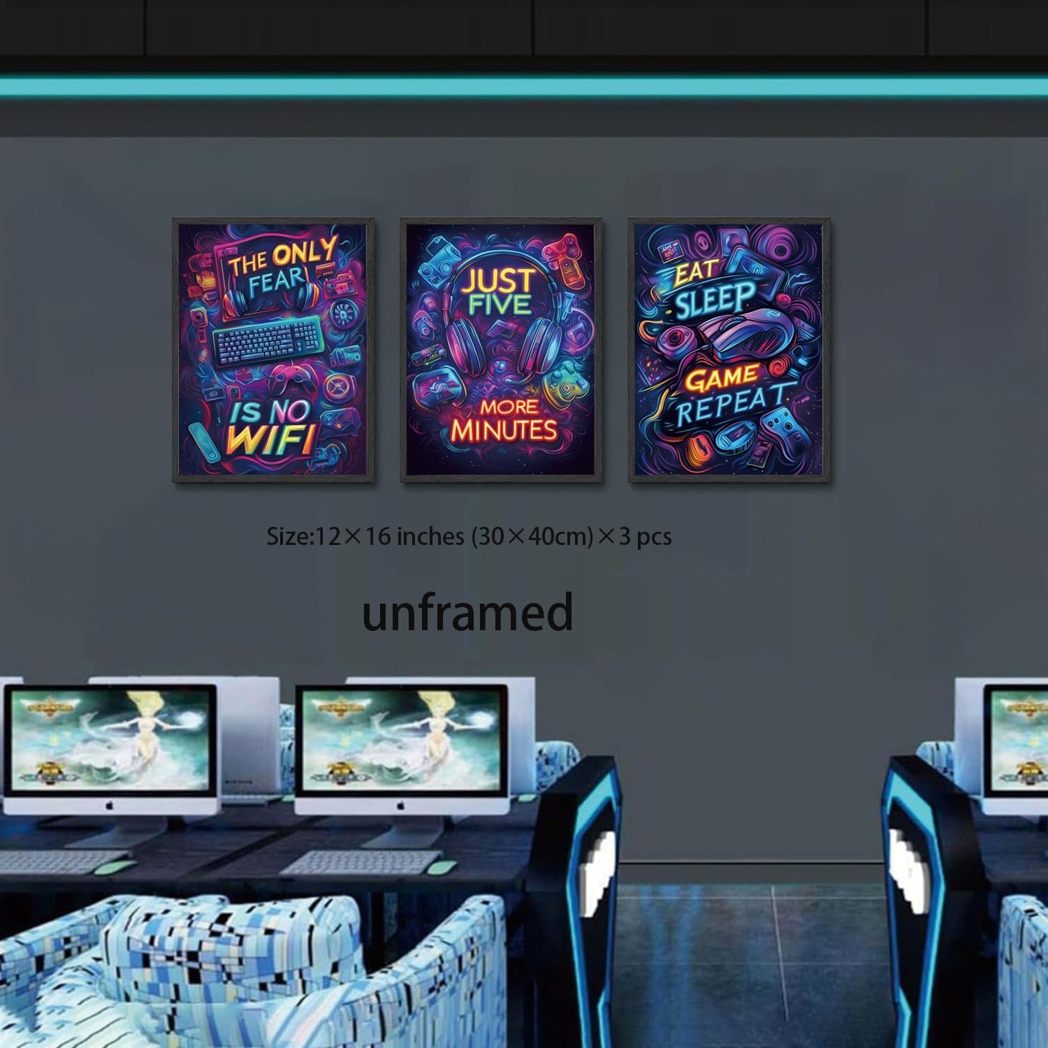 Neon Gaming Posters Video Game Wall Art Prints Set of 3 Game Room Decor Gaming Sign Painting Playroom Cool Pictures Gamer Wall Decor for Boy Teen Men Bedroom Bathroom 12X16In Unframed