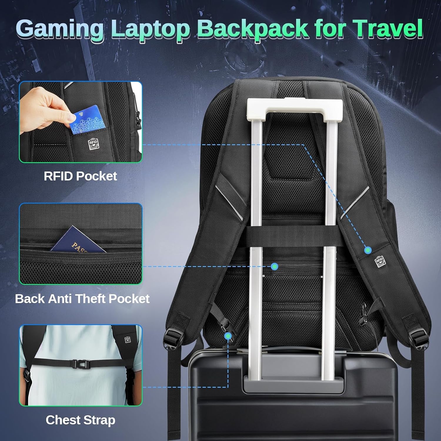18 Inch Gaming Backpack with Thick Padded Laptop Compartment, anti Theft Extra Large Laptop Backpack with Rain Cover, Waterproof Travel Bag with Tech Organizer for Gaming Accessories
