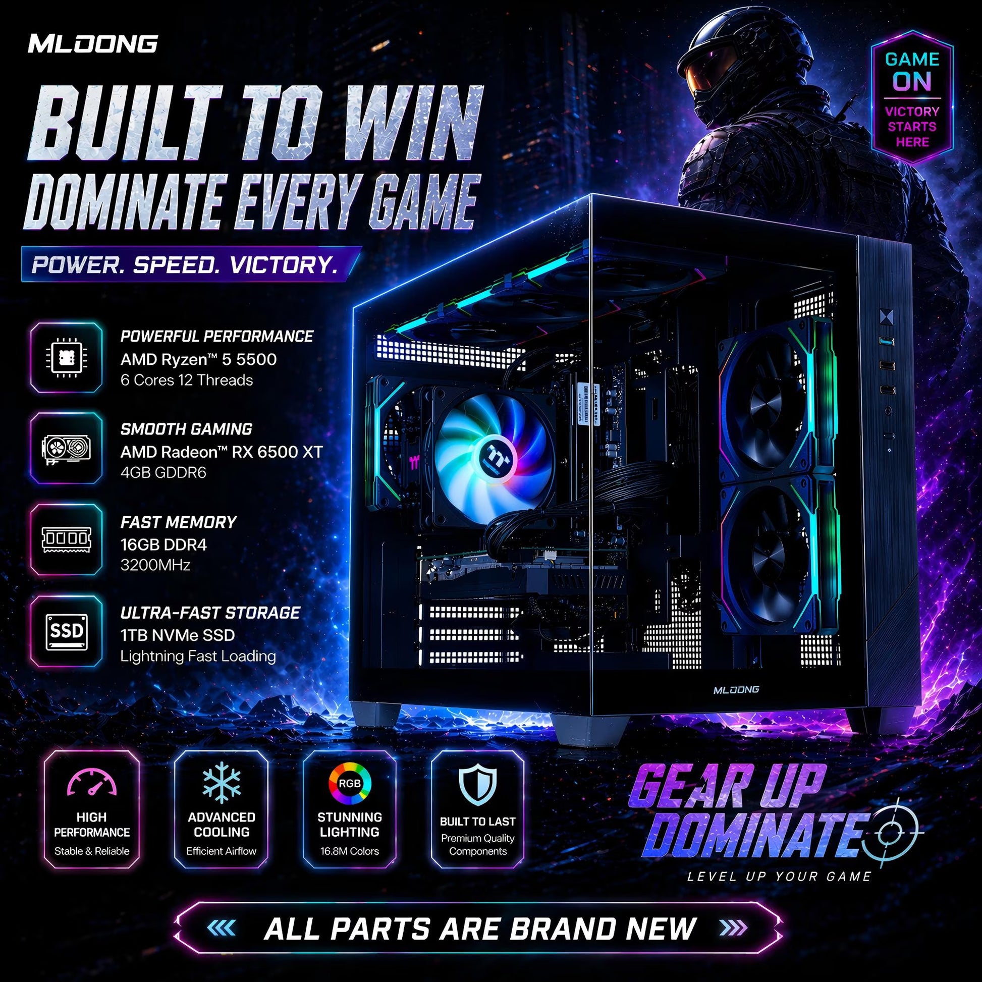 Gaming PC Desktops AMD Ryzen5 5500, Radeon RX 6500XT 4GB, 1TB SSD, 16GB RAM, 650W, Win11, Wifi, PC Gaming