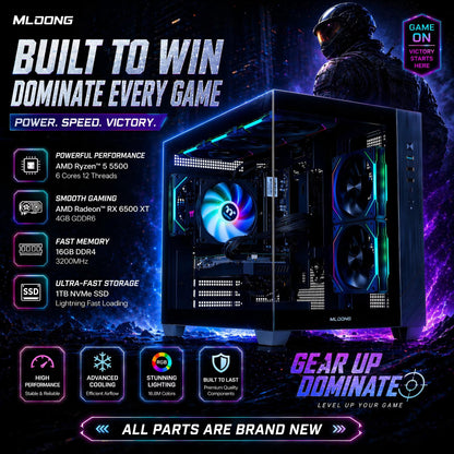 Gaming PC Desktops AMD Ryzen5 5500, Radeon RX 6500XT 4GB, 1TB SSD, 16GB RAM, 650W, Win11, Wifi, PC Gaming