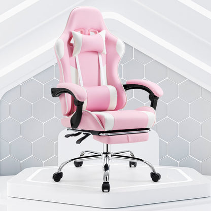 Computer Chair with Footrest and Lumbar Support, Home Offfice Chair, Pink and White